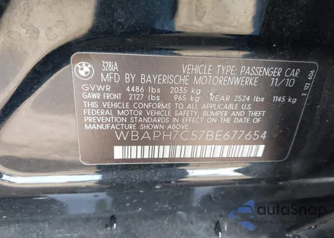 2011 BMW 328I из США, поврежденный, VIN WBAPH7C57BE677654